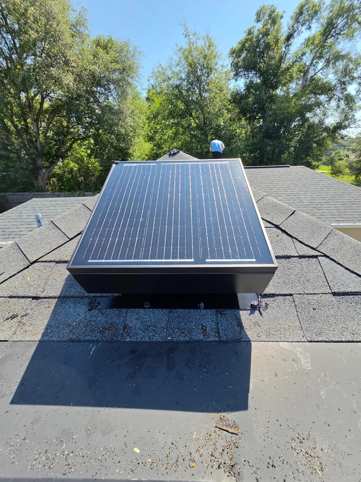 A solar attic fan installed on a Central Florida shingle roof under full sun