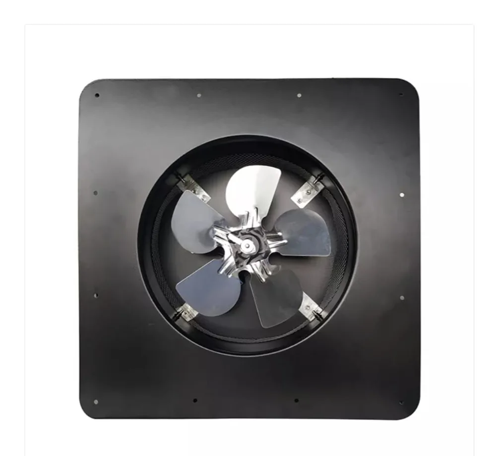 Underside of the fan: aluminum alloy blades behind a 304 stainless screen in the 14-inch duct