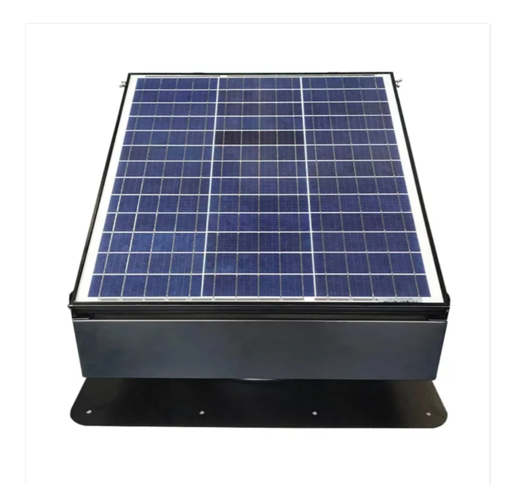 The 40-watt solar attic fan: adjustable monocrystalline panel on a galvanized steel hood